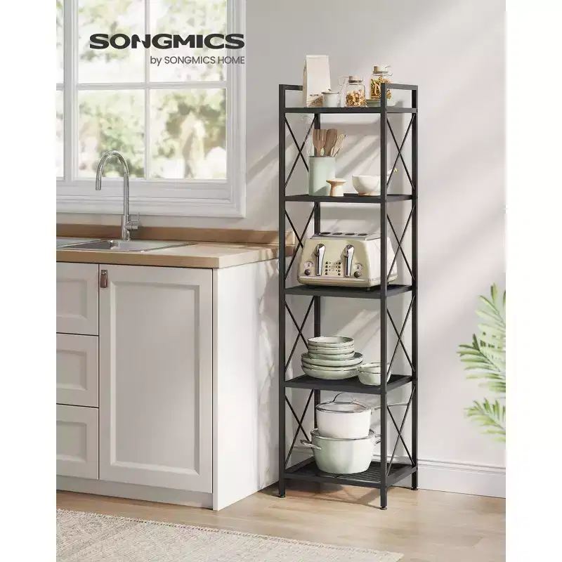 5-Tier Metal Storage Rack, Shelving Unit with X Side Frames, Dense Mesh, 12.6 x 15.7 x 57.3 Inches, Ink Black