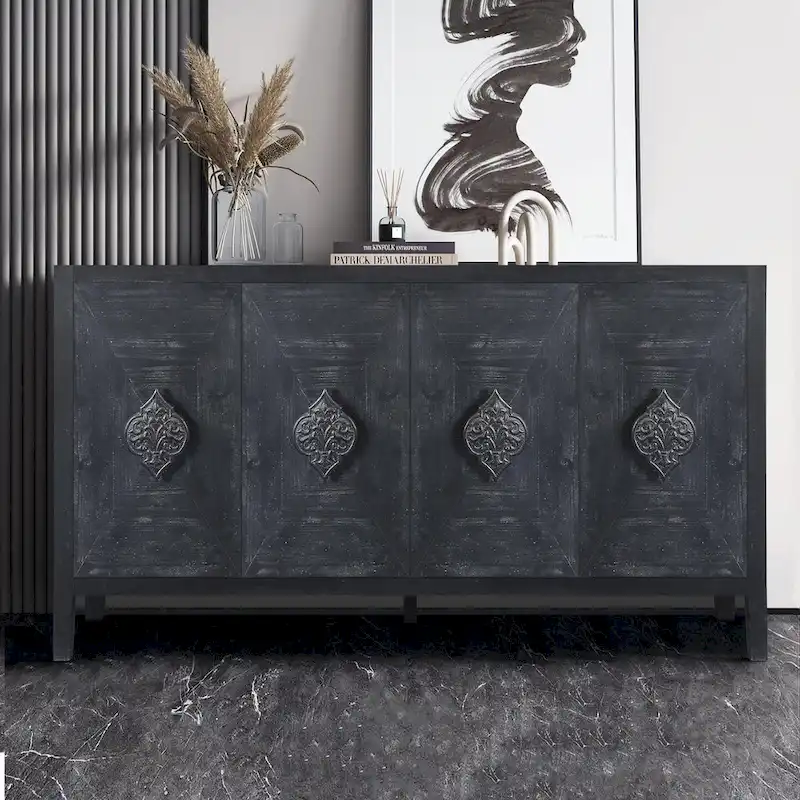 Four-Door Wooden Cabinet with Carved Handles