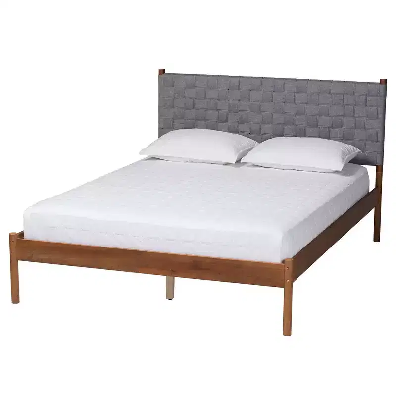 Queen Size Woven Fabric and Wood Platform Bed, Gray/Walnut Brown
