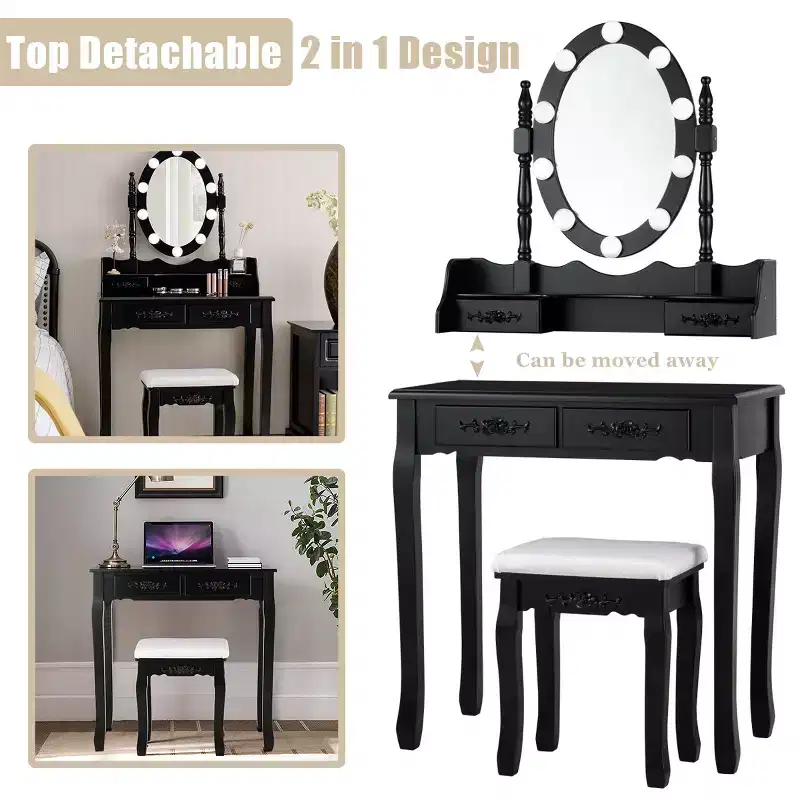 Costway Vanity Table Table 10 Dimmable Bulbs Black White Brown