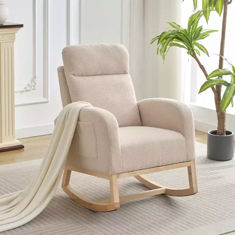 Rocking Chair, Glider Nursery Chair with High Back and Side Pocket, Rocking Accent Armchair with Rubber Wood Legs for Living Room/Bedroom/Nursery