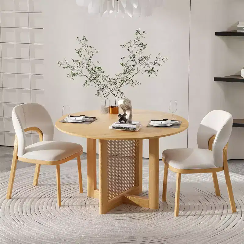 PexFix 46 x 46 Farmhouse Kitchen Dining Room Table Furniture Round Oak Kitchen Table with Rattan Woven Legs for Kitchen Bar Living Room