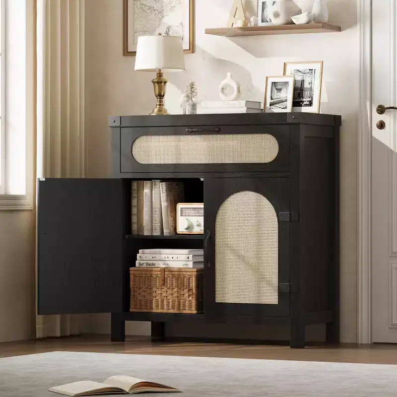 Rattan Sideboard Buffet Cabinet with Drawer, Farmhouse Boho, Natural