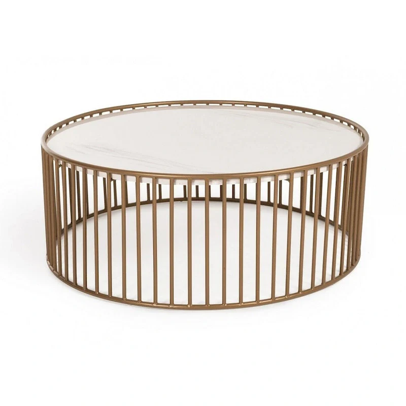 Round Slated Metal Coffee Table with Faux Marble Tray Top, Gold and White