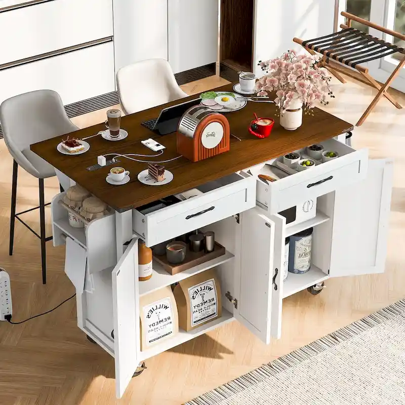 53.5 Farmhouse Kitchen Island Cart with Power Outlet, Drop Leaf, Spice Rack, and 2 Drawers, 5 Wheels