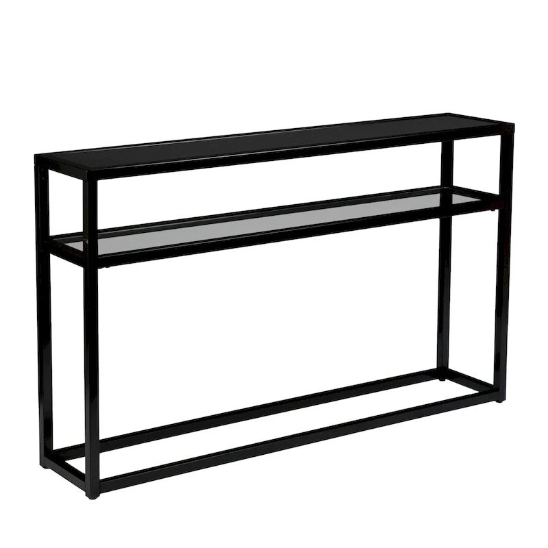 Black Glass Console Table with Metal Frame and Lower Shelf