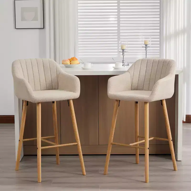 Zeus & Ruta Modern Linen Upholstery Bar Stools Set of 2 with Back, Armrest & Wood Legs, Kitchen Island Height