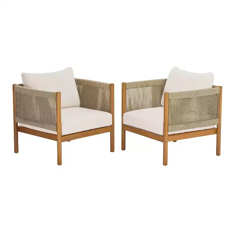 Christopher Knight Home Bradley Patio Modern Acacia Wood Club Chair Woven Rope Panels and Cushions