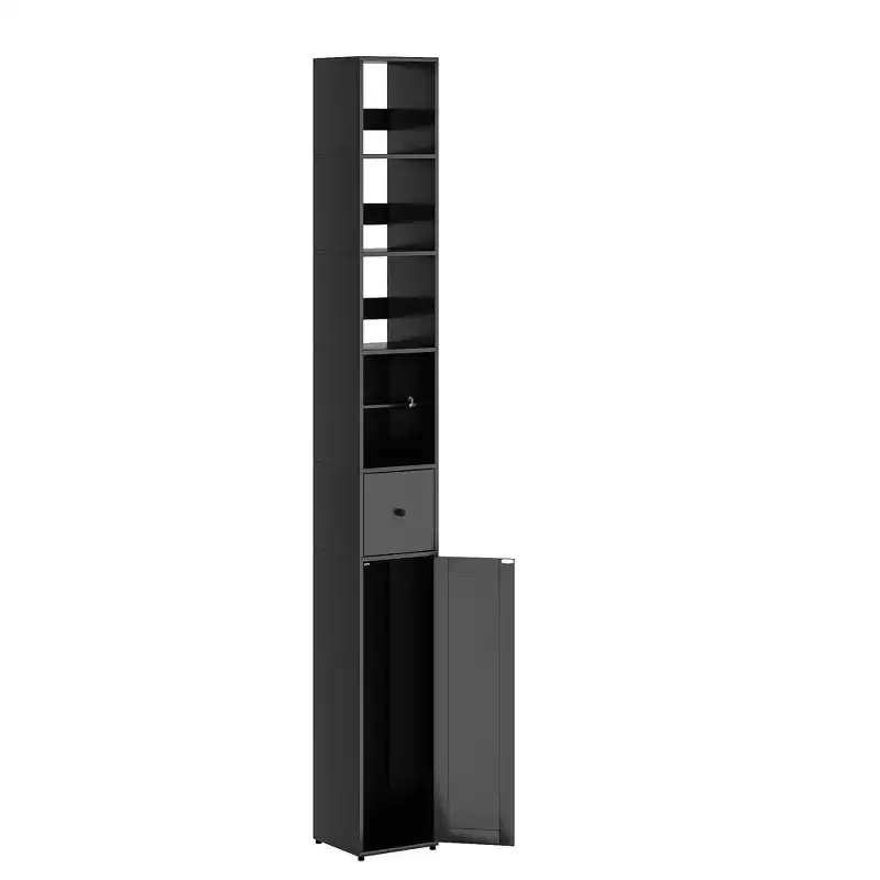 VECELO Tall Bathroom Cabinet with Adjustable Shelves, Slim Storage Cabinet with Toilet Paper Scroll & Small Drawer