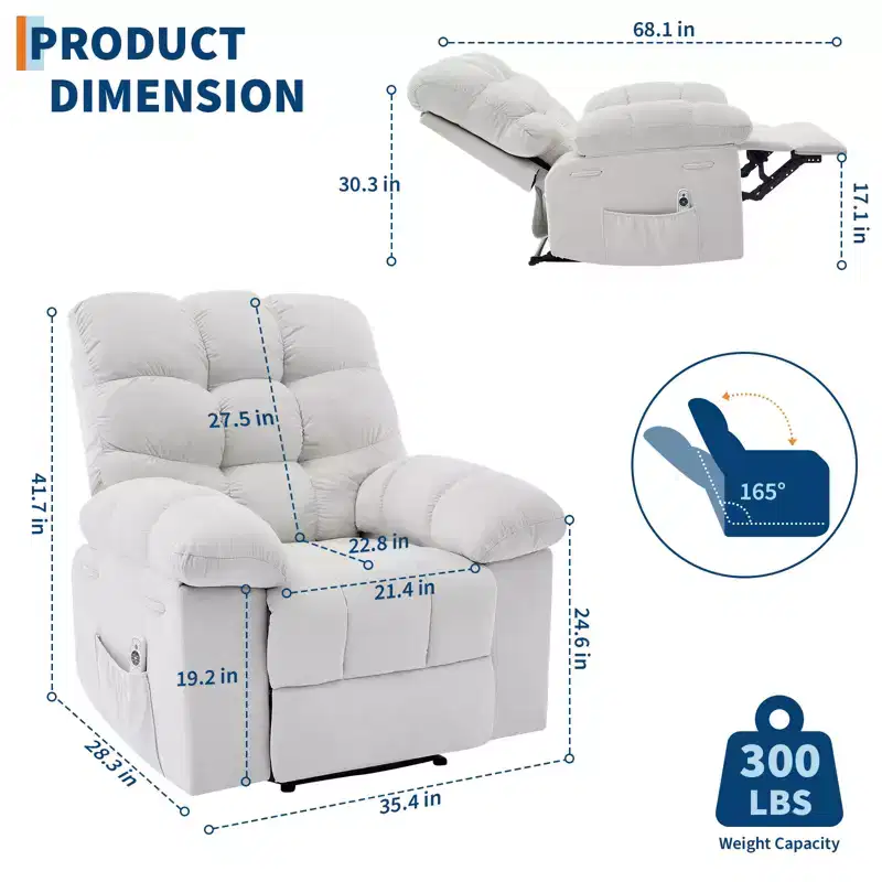 Family lazy recliner with wide rocker, breathable fabric, massage and heating function, 2 side pockets, perfect for living room and bedroom