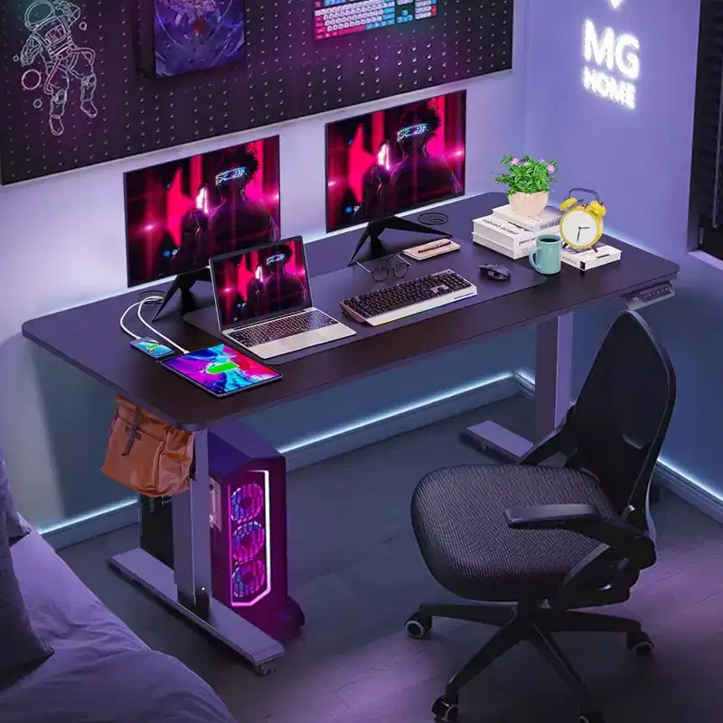 Electric Standing Computer Desk Adjustable Height 63x24 with Outlet, Rolling Wheels, Dual-Beam Frame and Mouse Pad