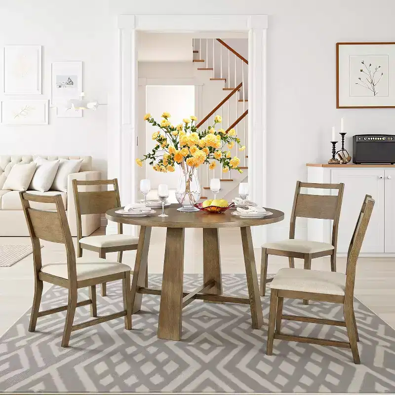 AMERLIFE 46 Round Solid Wood Dining Table, Chairs, Mid-Century Kitchen & Lining Room Furniture