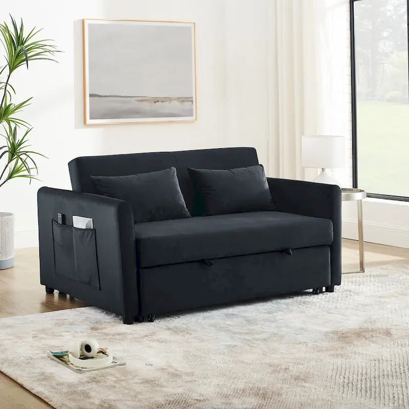 Black/Blue/Grey Velvet Pull-Out Sofa Bed, 2-Seat, 3-Position Backrest