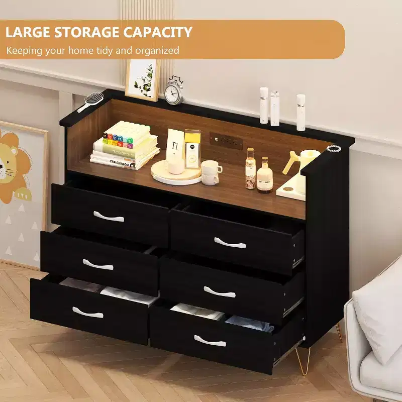 6-Drawer Dresser with Surround Edge, Black, MDF+PB+Iron, LED Lights & Outlets, for Bedroom & Home Office