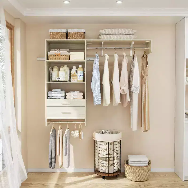 Besiost Closet Organizer System with Wood Drawers, Wall-mounted Laundry Room Storage Shelving