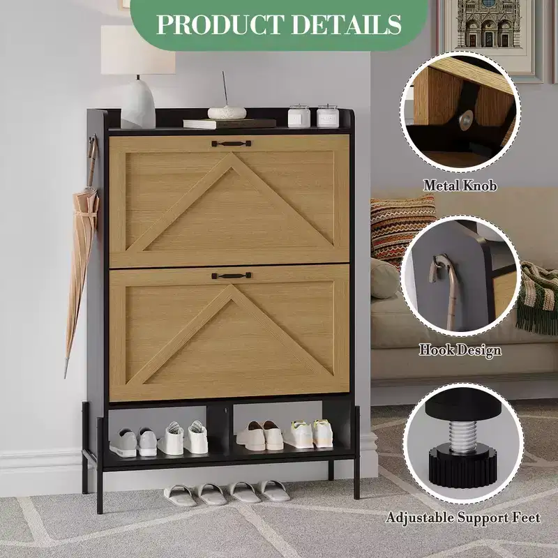 Shoe Cabinet with 2 Flip Drawers,Freestanding Shoe Storage Cabinet for Front Door Entrance, Holds Up to 24 Pairs of Shoes, Dry and Wet Separation