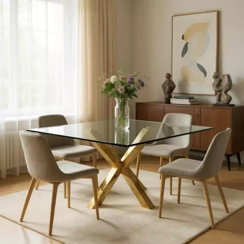 HomeRoots 60 Clear and Gold Glass and Metal Cross Leg Base Square Dining Table