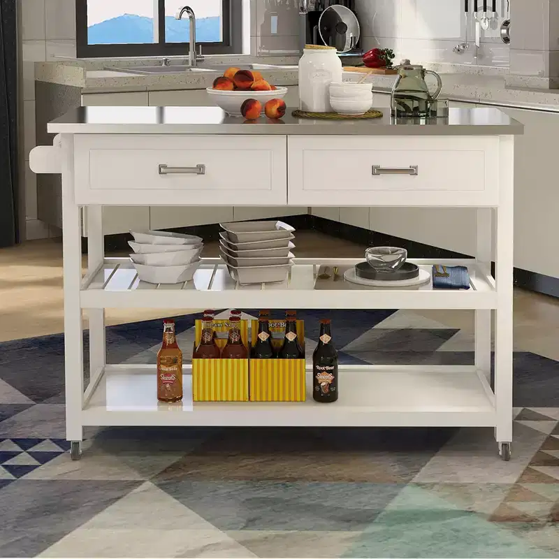 AndMakers White Wood 47.24 in. Kitchen Island with Stainless Steel Top and Wheels