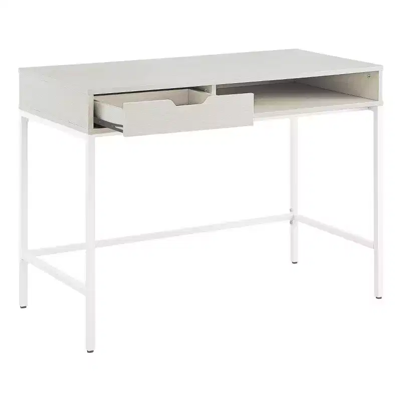 40" Desk with Drawer and Shelf White Oak: Sturdy Steel Frame, MDF Surface