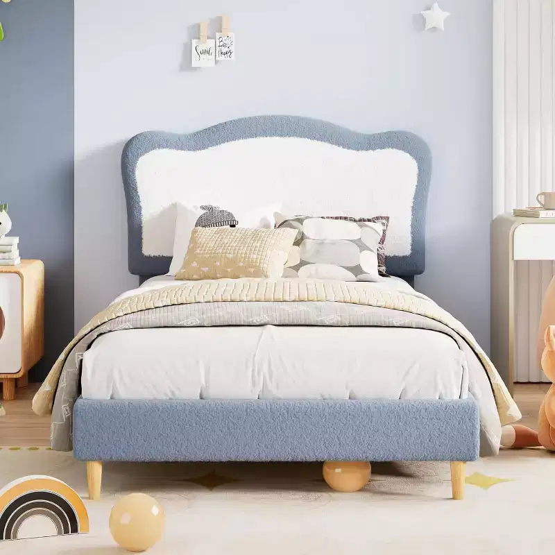 Upholstered Bed Frame for Kids with Scallop Headboard, Cute Velvet Bed for Girls & Boys, Sturdy Platform Bed with Wooden Slats, Noise Free