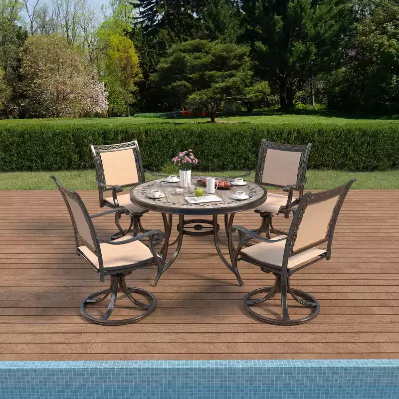 CLIHOME 5-Piece Outdoor Aluminum Dining Set With 4 360 Swivel Chairs & 1 48 Round Ceramic Tile Table With Umbrella Hole