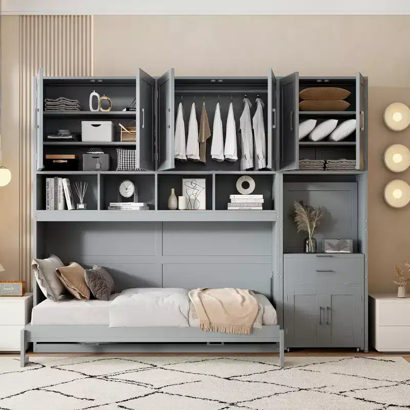 Twin Size Murphy Bed Wall Bed with Closet, Drawers & Desk