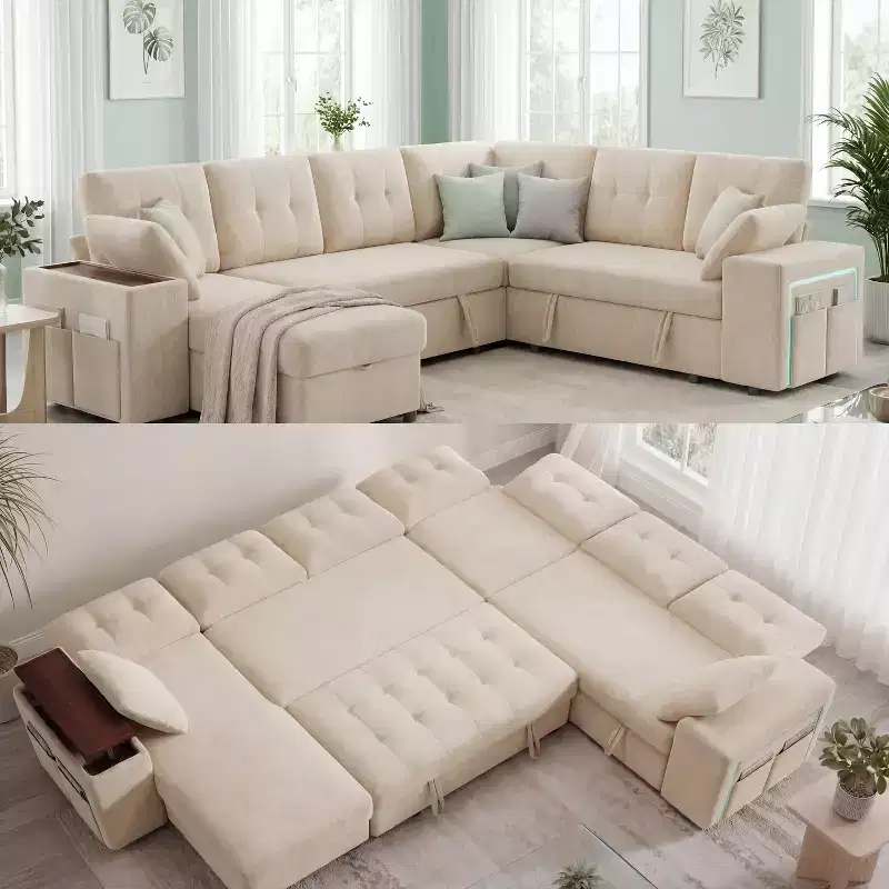Dyonery 112 Modular Sofa Set, L-Shaped 7-Seater Sofa Bed / With Height-Adjustable Storage Chaise Armrests / USB/LED Light, Chenille Sofa Bed.