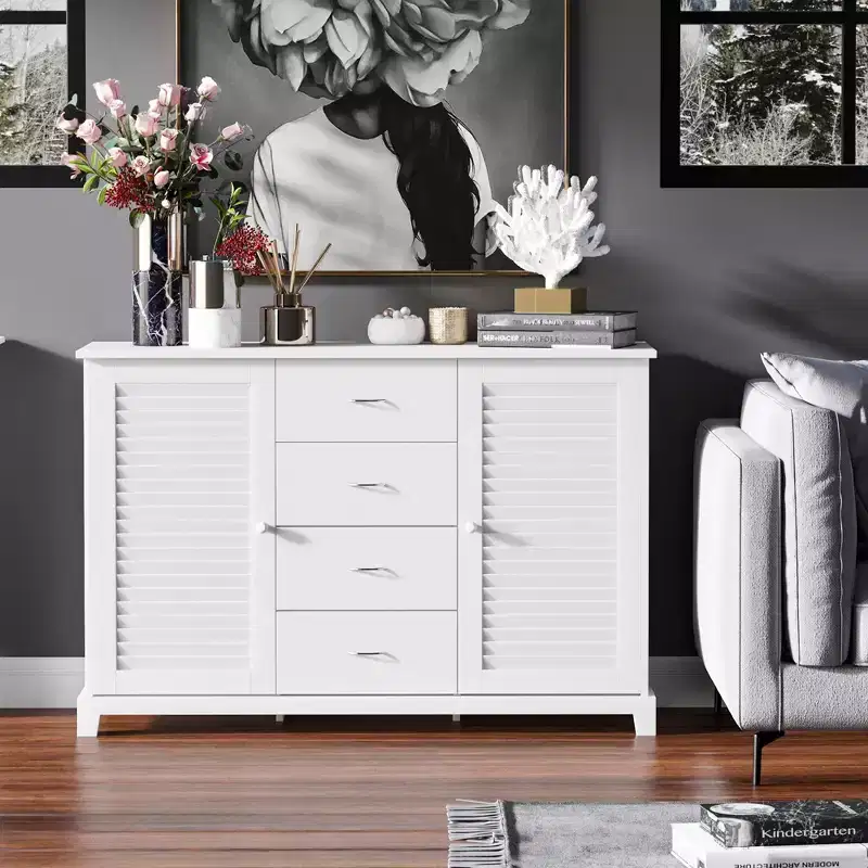 HOMCOM 47 Modern Storage Cabinet Buffet Sideboard with Drawers and Louvered Doors- White