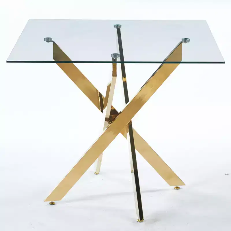 Dining Table with Cross Metal Leg and Tempered Glass,Modern Space Saving Kitchen Table for Living Room,Chrome Legs,Square Table,Golden Legs