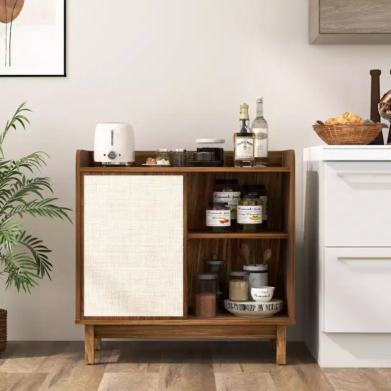 Rattan Sideboard Cabinet, Farmhouse Buffet Storage with Sliding Door and 2 Adjustable Shelves