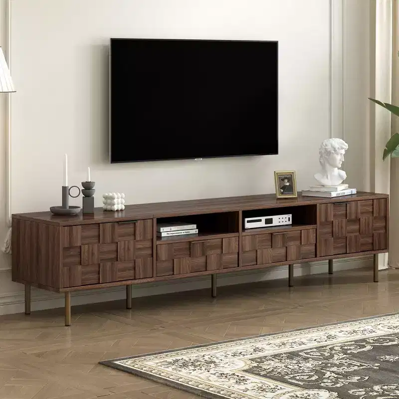 GDFStudio Maurice Mid Century Modern TV Stand with 2 Drawers and Decorative Grid Cabinet Doors