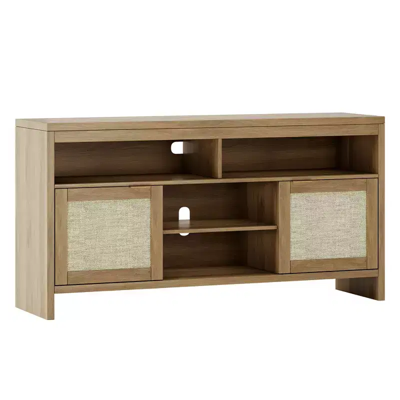 Rattan TV Stand for TV up to 65 Inch,58 Boho Entertainment Center with Storage, Wooden Media TV Media Console Cabinet with Adjustable Shelves