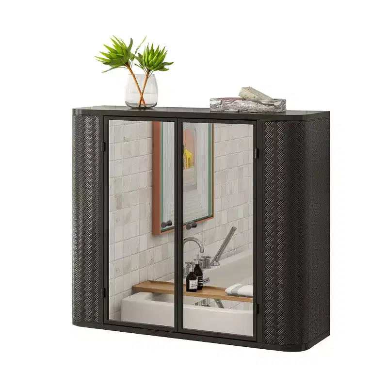 Chic Crate Black Wall-Mounted Vanity  2 Mirrored Doors & Open Shelf | Farmhouse Metal Frame | Over-the-Sink