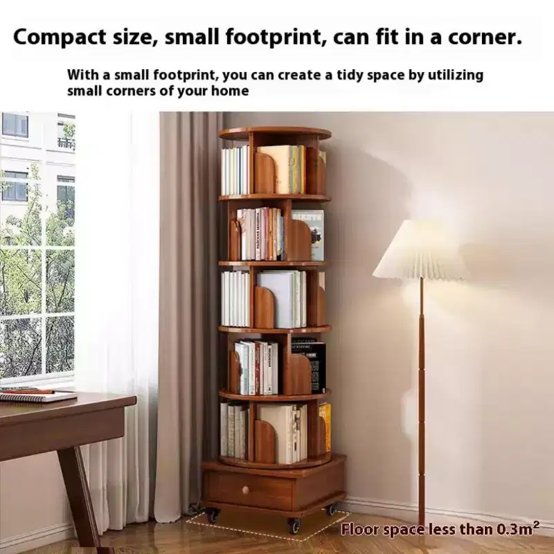 6-Tier 360° Rotating Corner Bookshelf with Wheels - Walnut Brown
