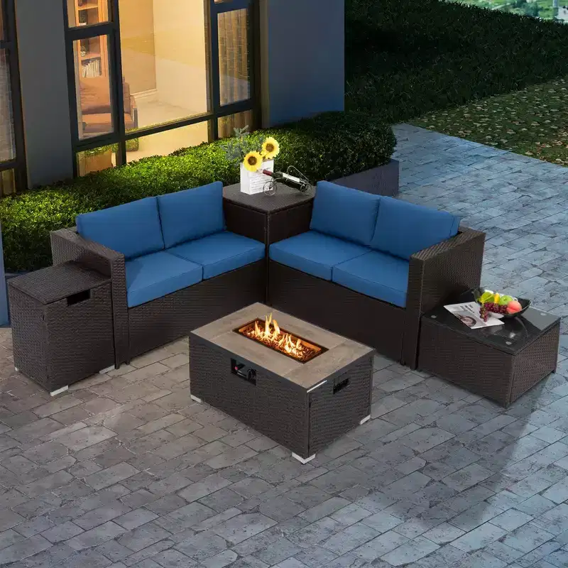 Costway 6PCS Patio Rattan Furniture Set 32'' Fire Pit Table Tank Holder with Cover Beige/Navy/Red/Turquoise