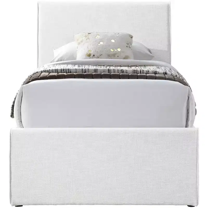 Twin Trundle Bed with Rolling Pull-Out, Upholstered Linen Textured Fabric, Fits 8