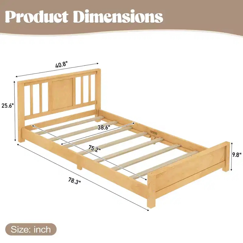 Natural/White Twin Platform Bed with Headboard, Low Profile, 1-Person