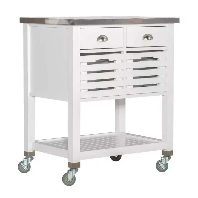 Wood Kitchen Cart with Stainless Steel Top, 2 Drawers & Open Shelf