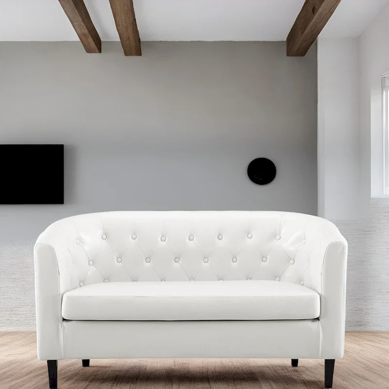 Button Tufted Faux Leather Barrel Loveseat