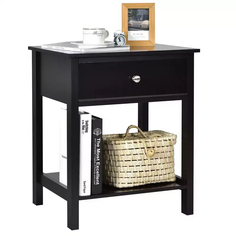 Costway Nightstand with Drawer Storage Shelf Wooden Bedside Sofa Side Table White\Brown