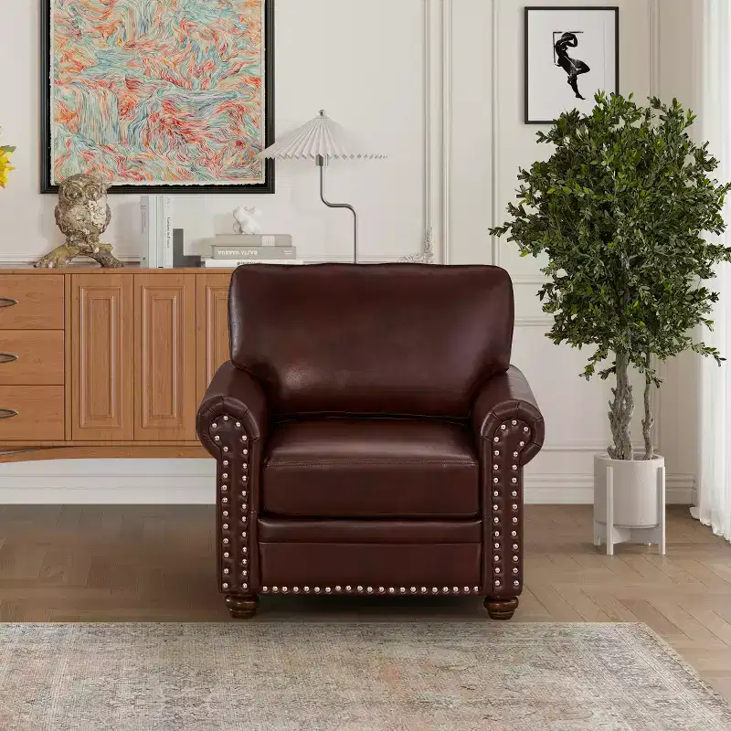 Comfortable High-Elastic Sponge Chair with PU Leather & Silver Nail Detail, Burgundy