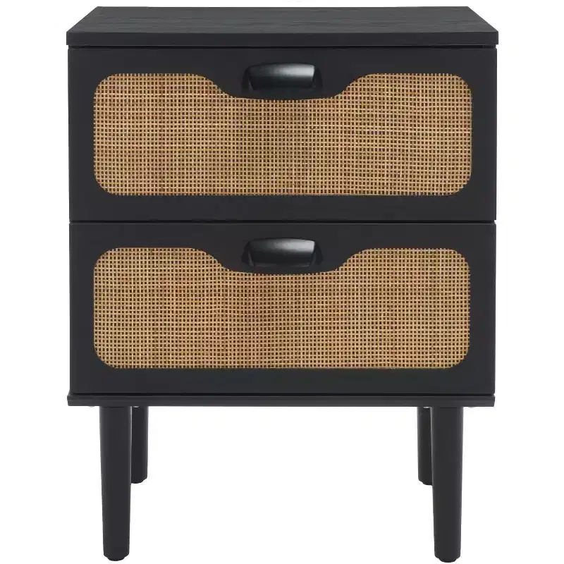 2-Drawer Nightstand with Rattan Mesh, Walnut Veneer