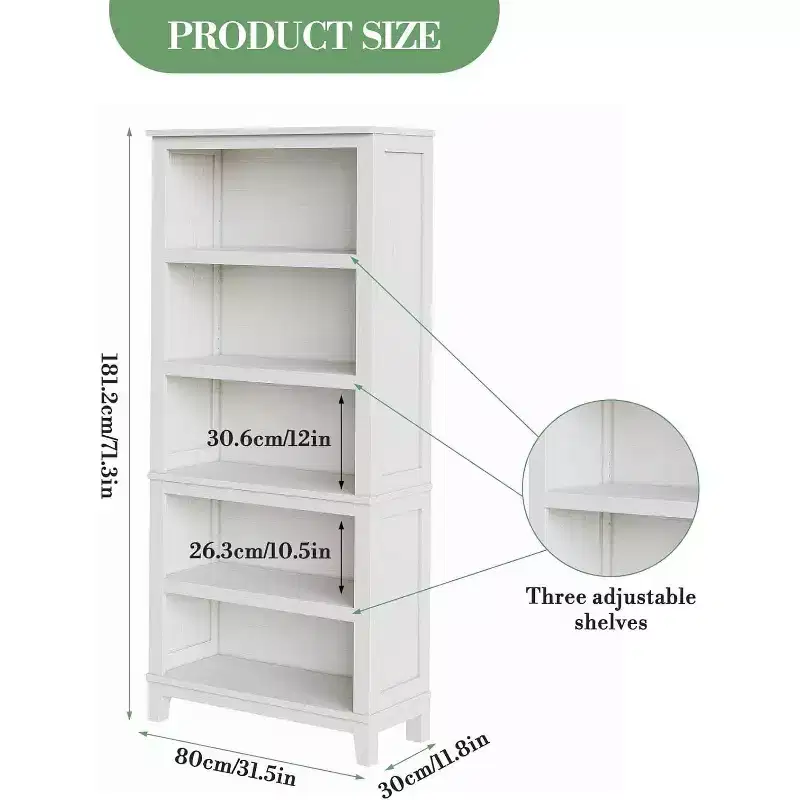 71.3 Tall 5-Tier Wooden Bookshelf with 3 Adjustable Shelves, 11.8 Wide Slim Floor-Standing Bookcase for Living Room, Bedroom  White