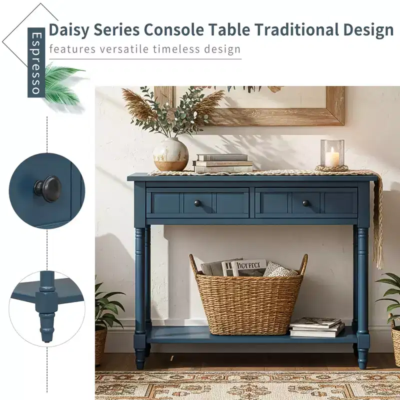 Traditional Entryway Console Table with 2 Drawers and Bottom Shelf, Solid Pine Wood