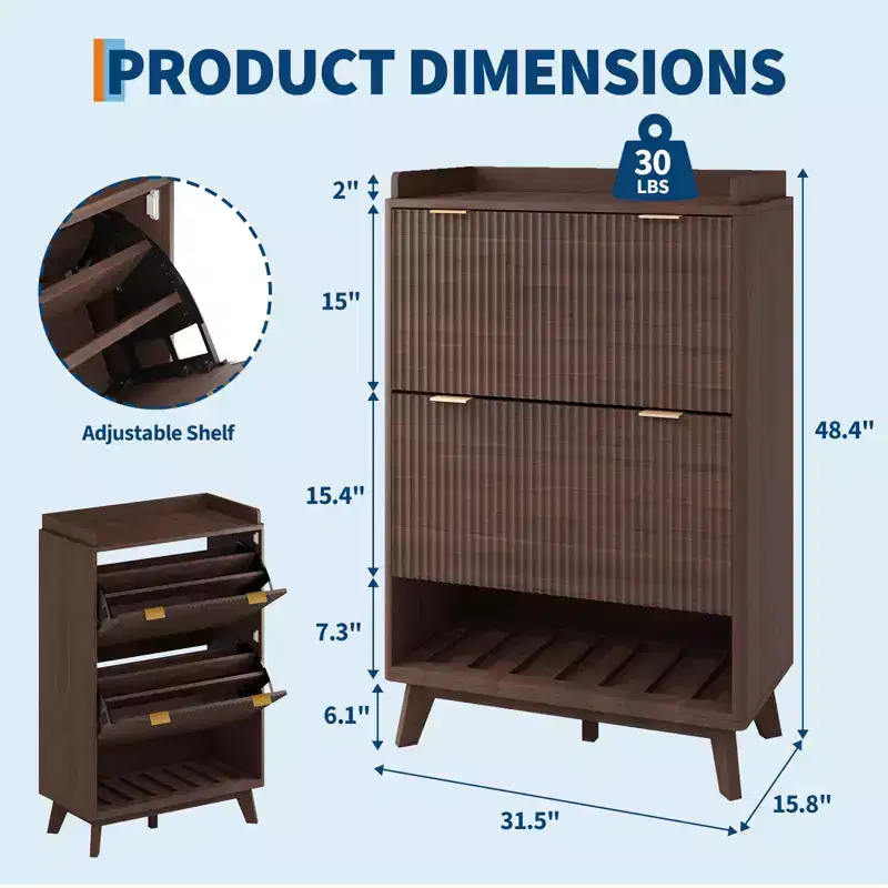Shoe Storage Cabinet, 48 Tall Narrow Shoe Organizer with Fluted Fronts, Bottom Open Shelf, 2 Flip Drawers, Adjustable Shelves, Curved Profile
