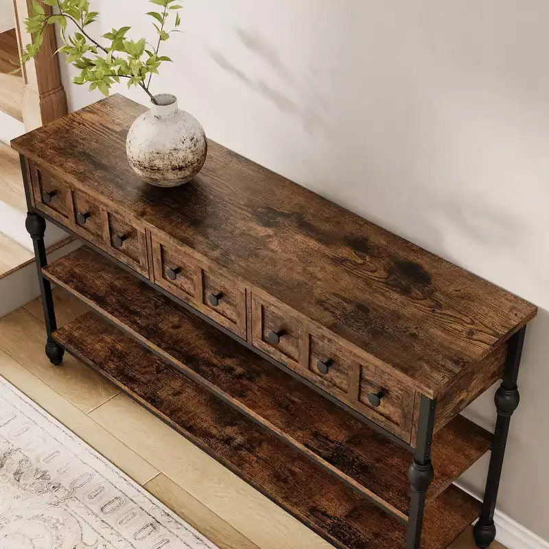 52 Industrial Console Table with 3 Storage Drawers & 3 Tiers, Metal Sofa Table for Living Room, Hallway & Entryway