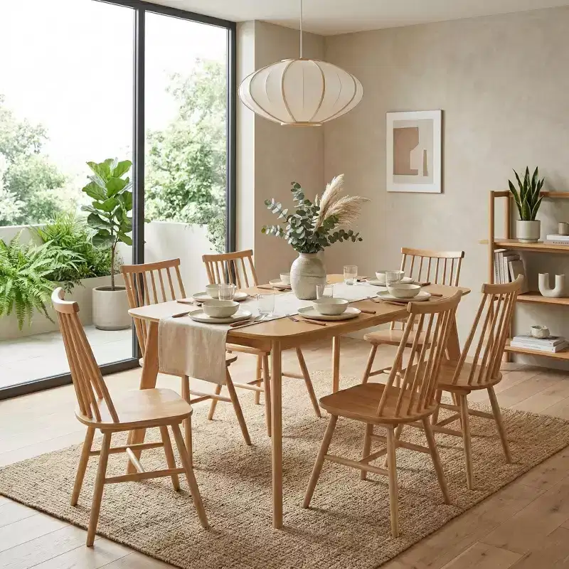 GDFStudio Harrison Scandinavian Farmhouse 7-Piece Wood Dining Set with 6 Windsor Curved Back Chairs