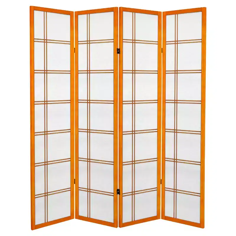 6 ft. Tall Canvas Double Cross Room Divider - Honey (4 Panels) Privacy Screen, Hardwood Frame