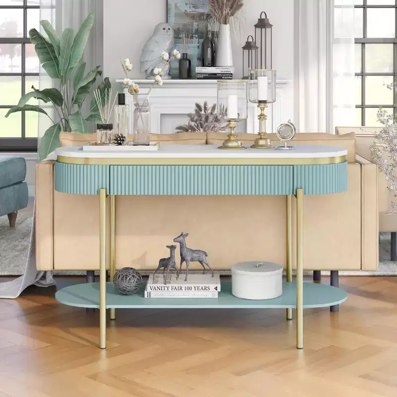 Faux Marble Sofa Table with Drawer, Gold Metal Frame, 48