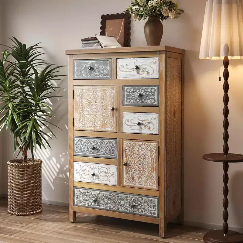 Vintage Wooden Accent Chest with 6 Drawers and 2 Cabinets, Rustic Multicolor Carved Storage Dresser for Living Room